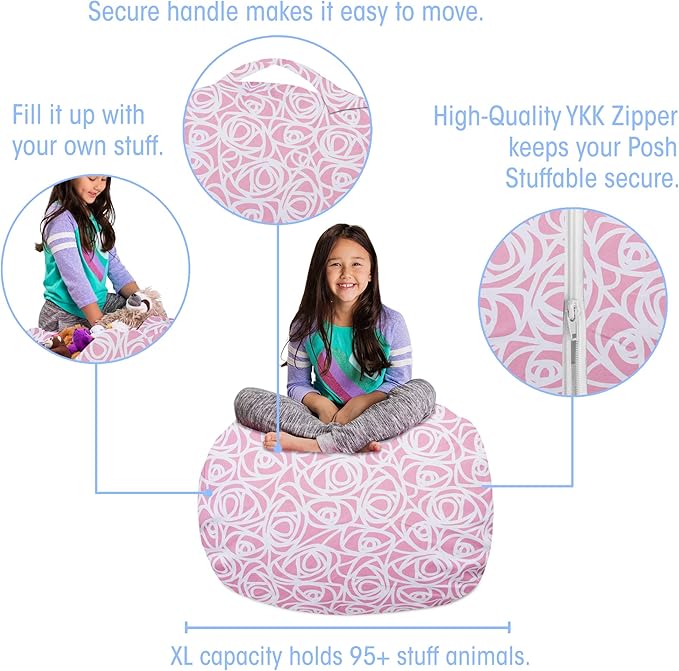 Posh Creations Kids Stuffed Animal Storage Bean Bag Chair Cover - Childrens Toy Organizer, Large-38in, Canvas Roses Pink