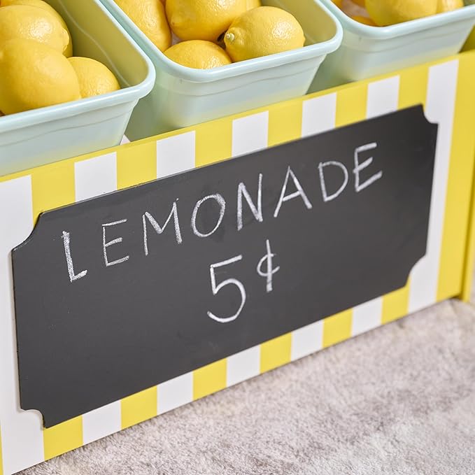 Teamson Kids Wooden Lemonade Stand for Toddlers, Pretend Play Grocery Shop with 18 Accessories, Juice Squeezer, Storage Bins, Yellow White, Age 3+