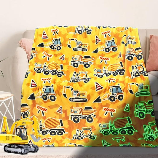 Excavator Toys Gifts for Kids Glow in The Dark Truck Blanket Construction Blankets Soft Tractor Throw Blankets Boys Car Theme Decor Blanket 40"×50"