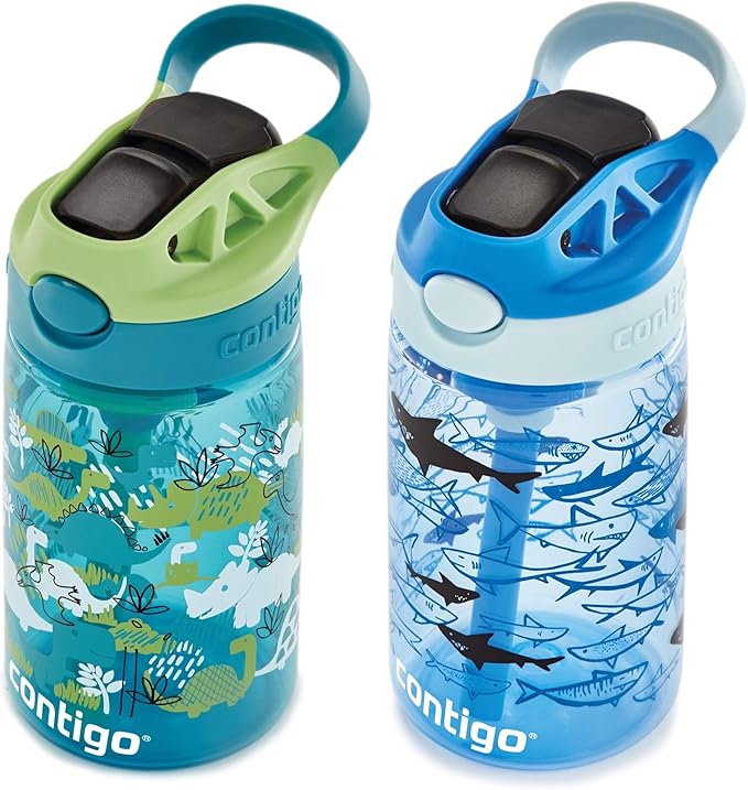 Contigo Aubrey Kids Dinos & Sharks Cleanable Water Bottle with Silicone Straw Spill-Proof Lid Dishwasher Safe 14oz 2-Pack