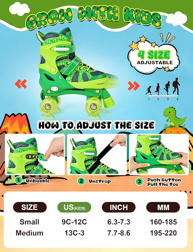 NEMONE Roller Skates for Boys Kids Ages 4-6 5-8 6-12 8-12 with 4 Sizes Adjustable Light up Wheels, Todder Beginner Rollerskates Indoor Outdoor Sports