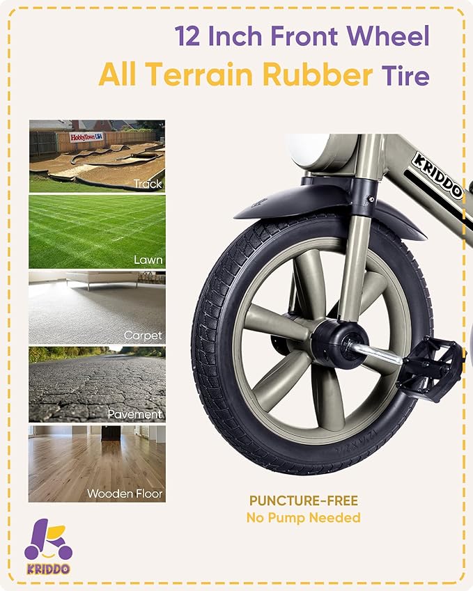 KRIDDO Kids Tricycles Age 2 Years to 5 Years, 12 Inch Puncture Free Rubber Wheel w Front Light, Kids Trike for 2.5 to 5 Year Old, Gift Toddler Tricycles for 2-5 Year Olds, Trikes for Toddlers, Grey