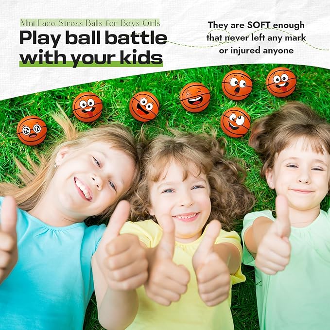 24 Pcs Mini Face Basketball Stress Balls for Boys Girls Face Fidget Toys Bulk Foam Balls for Stress and Anxiety Relief Balls for Party Favors Birthday Gift Decoration