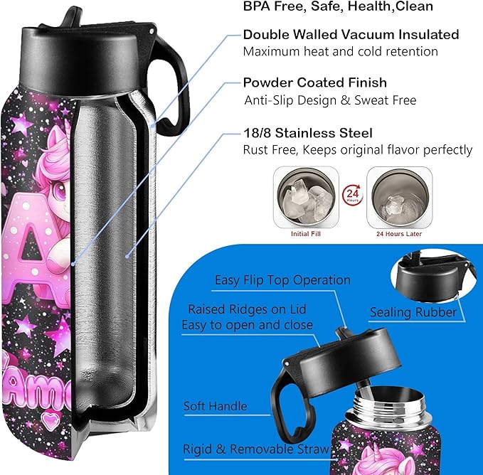 M YESCUSTOM Personalized Water Bottles for Kids with Straw Lid Custom Sports Water Bottle for School Personalized Names Stainless Steel Double Wall Insulated Cup Customized Gifts for Boy Girl Style19