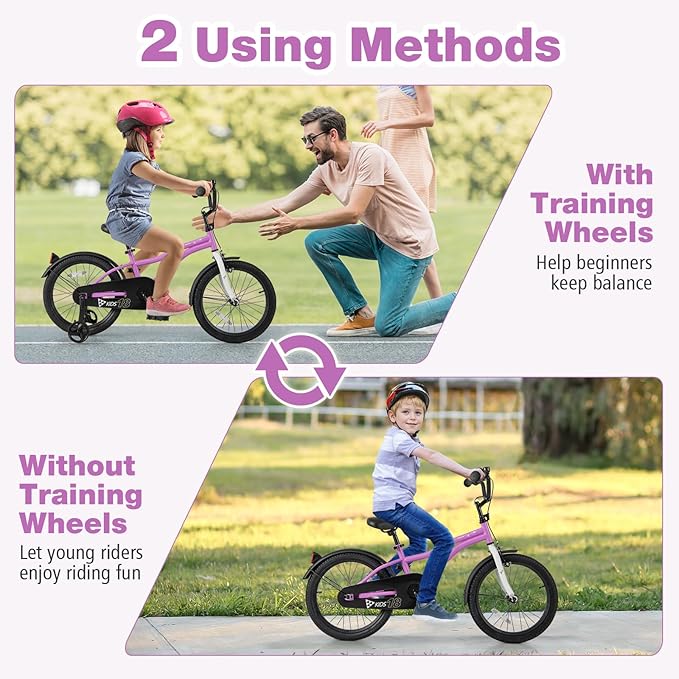 BABY JOY Kids Bike, 12 14 16 18 Inches Sporty Bicycle with Training Wheels, Adjustable Seat, Handbrake & Coaster Brake, Reflectors, Girls Boys Bike for 3-8 Years Old Children