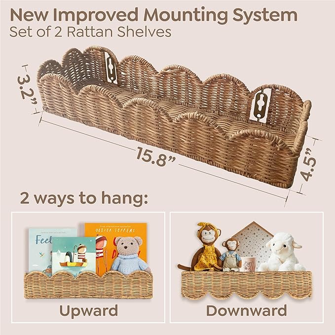 Nursery Book Shelves Set of 2 - Artisanal Natural Rattan Scalloped Book Shelf for Kids Rooms 15.8" W, Cute Wicker Nursery Bookshelf Wall Mounted, Handwoven Floating Kids Bookshelf, Baby Boho Decor