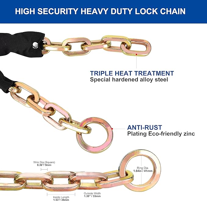 Heavy Duty Security Chain, 6 Foot x 3/8" Thick Hardened Steel Cut Proof Anti-Theft Lock Chain for Motorcycles, Bicycles, ATVs, Trailers, Containers