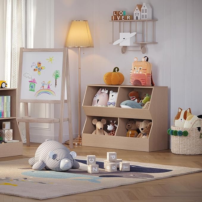 DINZI LVJ Kids Bookshelf, Toy Storage Organizer, Wooden Toy Storage Cabinet, 4 Cubby Children Bookcase, 39.4" L Toddler Book Shelf for Bedroom, Nursery, Hallway, School, Natural