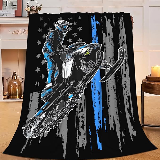 Snowmobile Blanket Gifts for Girls Boys Skiing Sports Throw Blankets Cozy Plush Fleece America Flag Flannel Fuzzy for Men Women 50"X40"