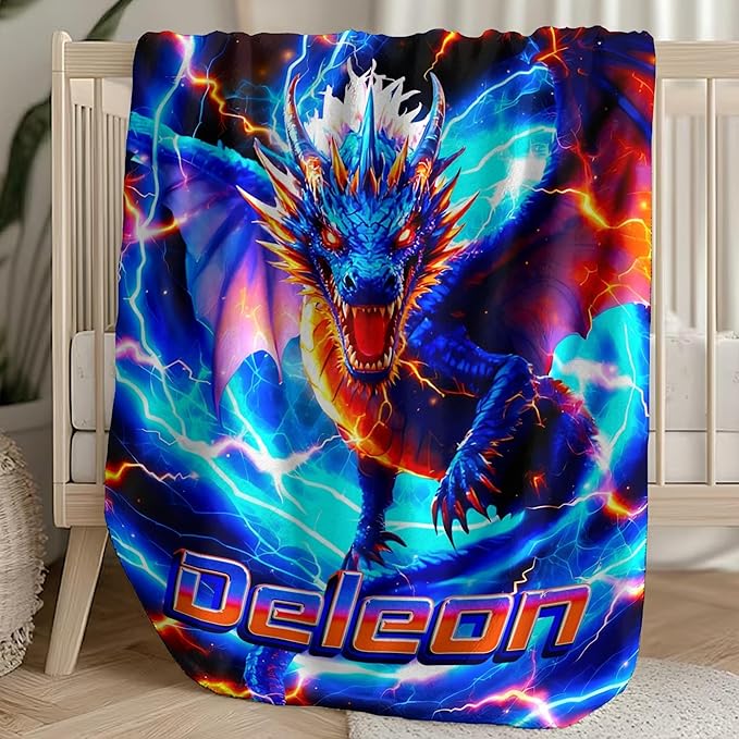 Custom Dragon Blanket with Name Personalized Lightning Throw Blanket for Boys Toddlers Gifts for Couch Sofa Bed Decor(Boy-02)