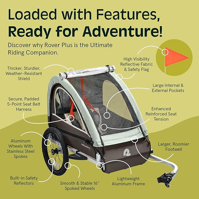 Retrospec Rover Plus Foldable Bike Trailer for Kids, Single/Double Passenger Child Bike Trailer with 5-Point Safety Harness, Reflective, Weather-Resistant Fabric and Safety Flag - Supports 40-80 lbs