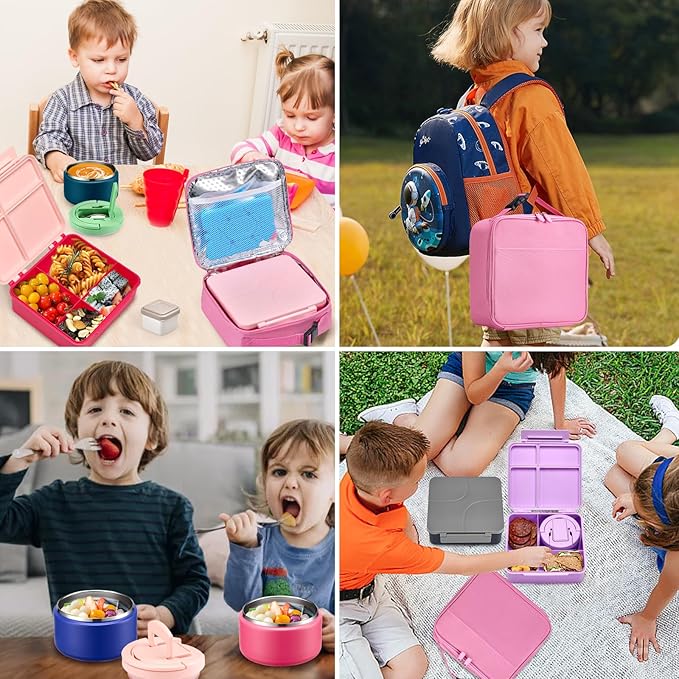 Bento Lunch Box with 8oz Soup Thermo,Kids Leakproof 4 Compartment Lunch Food Containers with Sauce Cup and Ice Pack,Kids Thermo Insulated Hot Food Jar and Lunch Bag for School,Trvael-Pink