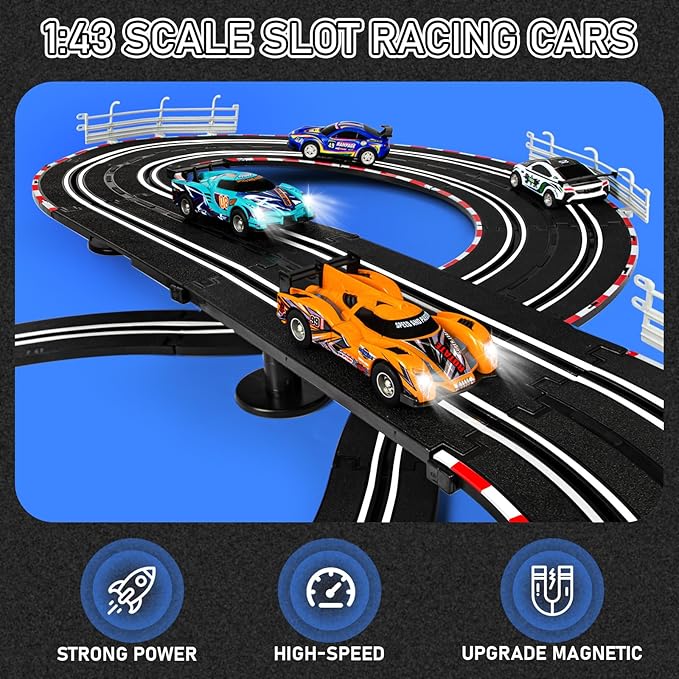 Electric Slot Car Race Track Sets - 1:43 Race Car Track Sets with 4 Slot Cars with Headlights, 2 Hand Controllers, Dual Racing Game Lap Counter, Birthday, Toys for Kids
