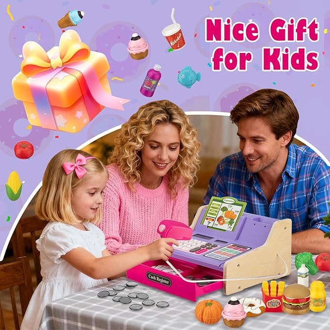 Wooden Cash Register for Kids with Shopping Cart Rechargeable Kid Cash Register with Scanner Gift for Kids Age 3 4 5 6 7 8 9 Year Old Pretend Play for Toddlers Toys for 3-12 Year Old Girls