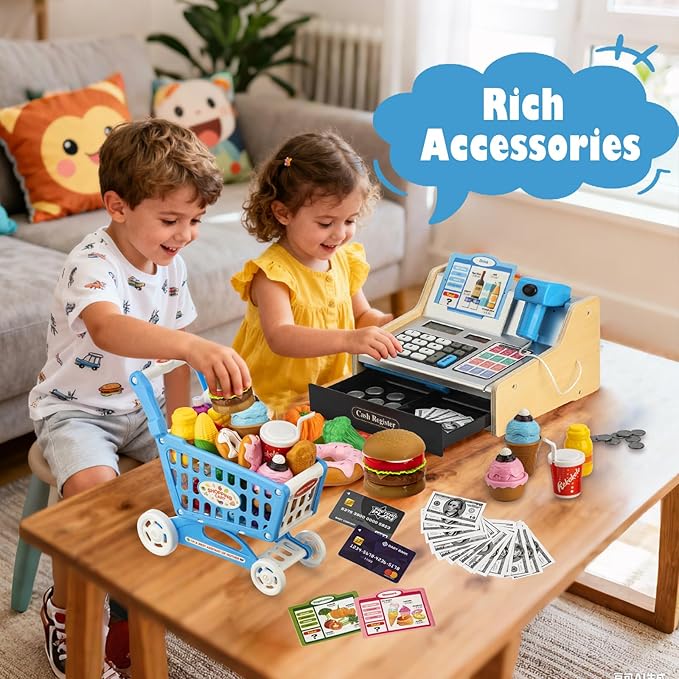Wooden Cash Register for Kids with Shopping Cart Rechargeable Kid Cash Register with Scanner Gift for Kids Age 3 4 5 6 7 8 9 Year Old Pretend Play for Toddlers Toys for 3-12 Year Old Boys