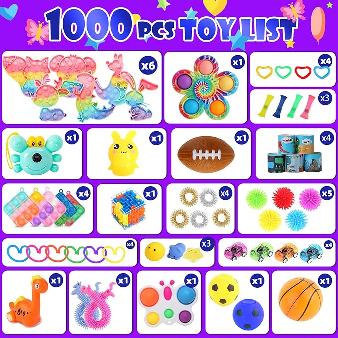 1000Pcs Fidget Toys Pack, Bulk Party Favors for Kids, Stocking Stuffers, Treasure Box Chest, Birthday Party, Classroom Carnival Prizes, Pinata Stuffers, Goodie Bag Stuffers, Stress Relief, Sensory Toy