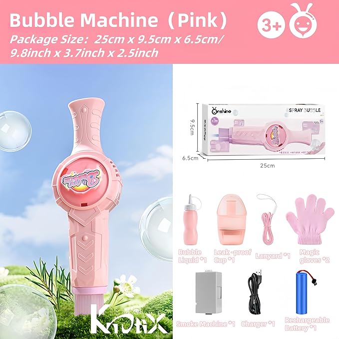 Elastic Smoke Bubble Machine for Kids - Rechargeable Magic Bubble Wand with Lights & Sound, Includes Gloves & Spill-Proof Cup, Safe Bubble Solution, Green & Pink (Pink)