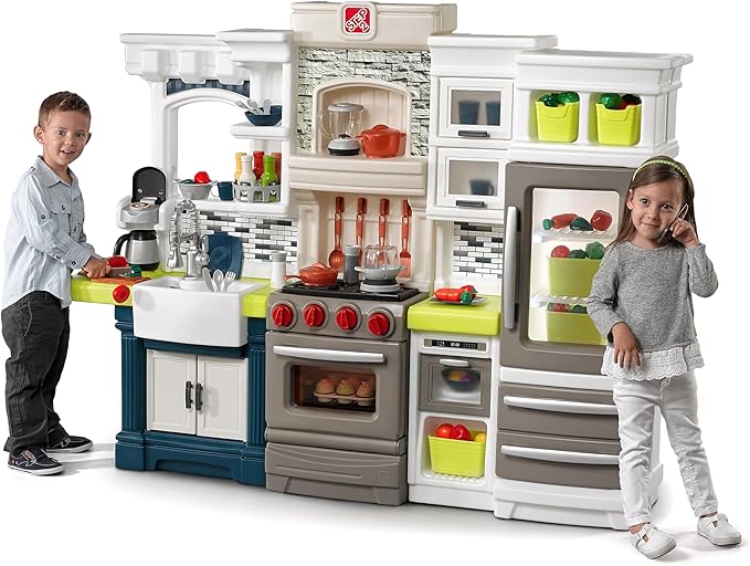Step2 Elegant Edge Kids Kitchen Playset, Indoor/Outdoor Kitchenette, Interactive Play with Lights and Sounds, Made of Durable Plastic, Includes 78 Piece Toy Accessories, For Toddlers 3+ Years Old
