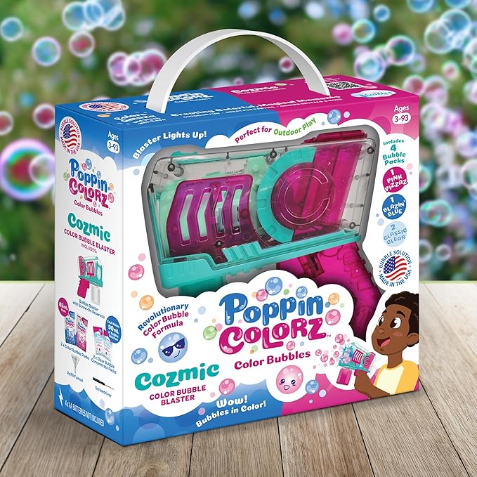 WOWMAZING PoppinColorz Cozmic Light-Up Color Bubbles Blaster with 1 Pink, 1 Blue and 2 Clear Bubble Solutions Made in The USA - No Dipping Necessary - Easy Click Trigger for Small Hands