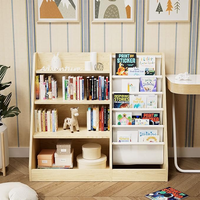 4 Tier Kids Wooden Bookshelf,Five Layer Sling Children Bookcase,Baby Storage Book Rack,Book and Toy Organizer Cabinet Chest,Book Display Shelf,Playroom Nursery Classroom Library