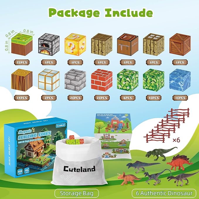 Magnetic Blocks 108PCS Magnetic Building Blocks with 6 Dinosaur Toys