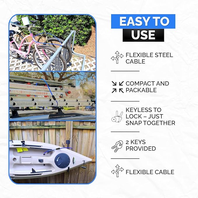 Weatherproof Security Cable Lock with Keys (5ft to 25ft Lengths) Anti-Theft for Kayak, Bike, Paddleboard, Scooter, Equipment, Bicycle