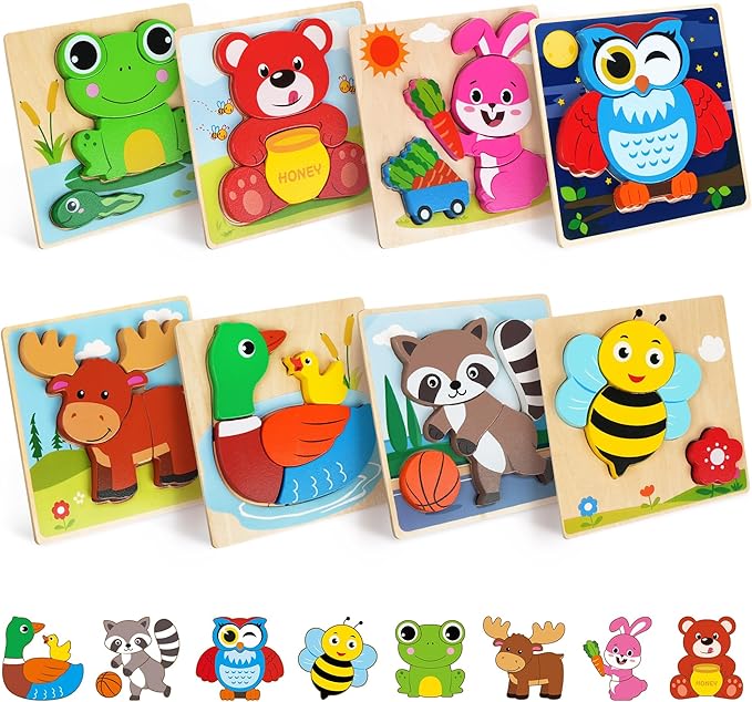 BenBen Wooden Puzzles for Toddlers 1-3, 8 Pack Animal Puzzles for Toddlers 2-4, Montessori Toys for 1 2 3 Year Old Boys Girls, Learning Educational Preschool Toys