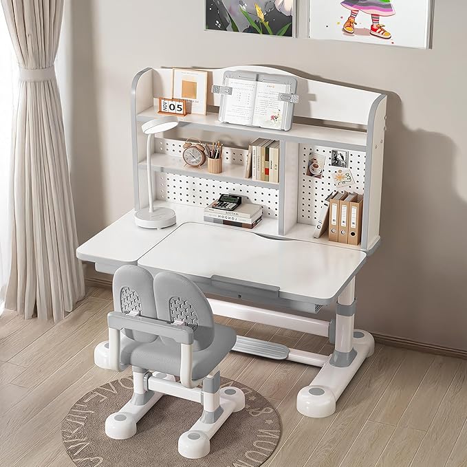 Kids Desk and Chair Set, Height Adjustable Study Table with Bookshelf & Storage Drawer, 0-50° Tiltable Desktop, Ergonomic Study Desk for Boys and Girls Ages 3-12 (Grey)