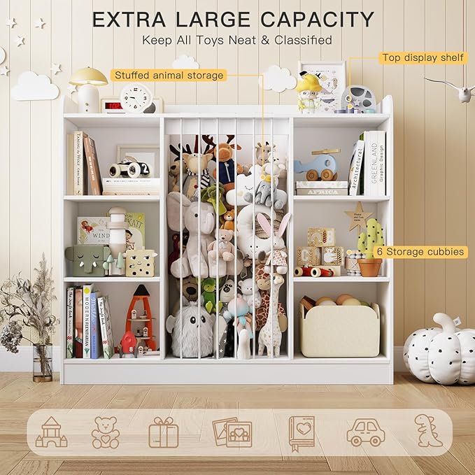 Wooden Stuffed Animal Storage, Toy Storage Organizer with 6 Cubbies, Kids Bookshelf Toy Shelf for Playroom, Nursery, and Bedroom