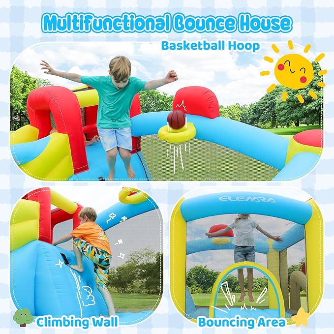 ELEMARA Inflatable Bounce House, 7 in 1 Kids Bounce House with Slide, Bouncy House with Blower, Jumping Area,Baseball/Soccer Area,Basketball Hoop,Climbing Wall, Jumping Castle for Indoor Outdoor