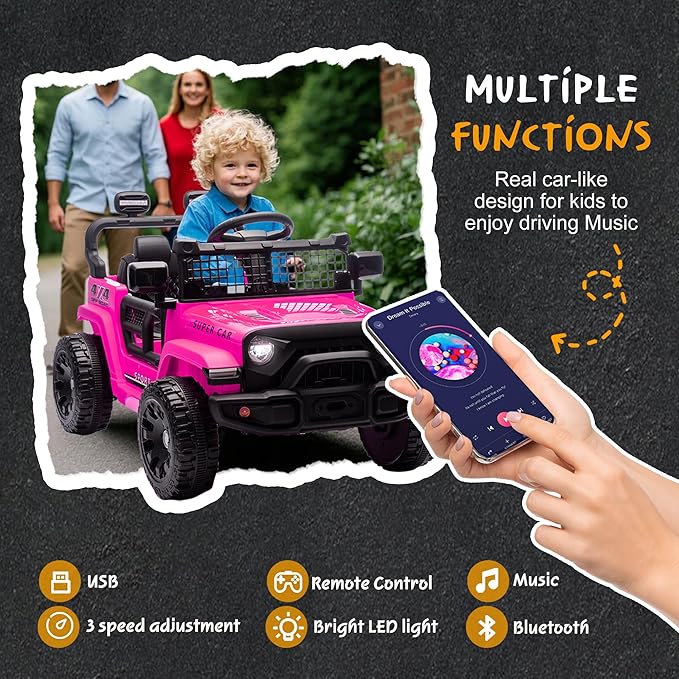 24V Ride On Jeep Car, Toddler Ride On Toys w/Parents Remote Control, 200W Power Motor Electric Car for Kids 2-4 with 4-Wheel Suspension, Bluetooth, Music, 1.86-3.11MPH Adjustable Speed, Pink