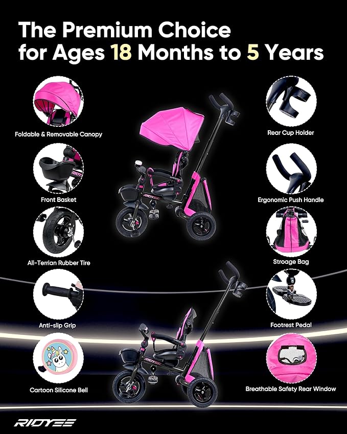 7-in-1 Folding Toddler Tricycle for 18 Months to 5 Years, Tricycle Stroller with Dual Brakes, All-Terrian Rubber Tire, Tricycle for Toddlers with Rotatable Seat, Adjustable Push Handle, Pink