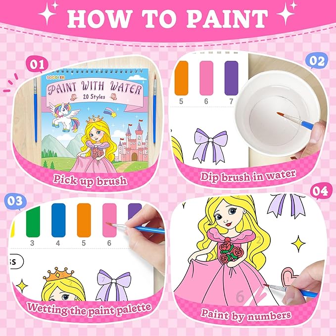Paint with Water Coloring Books for Toddlers, Princess Theme Mess Free Watercolor Painting Papers for Kids Water Color Paint Kit Art Craft Birthday Gift for Ages 1-3, 4-8