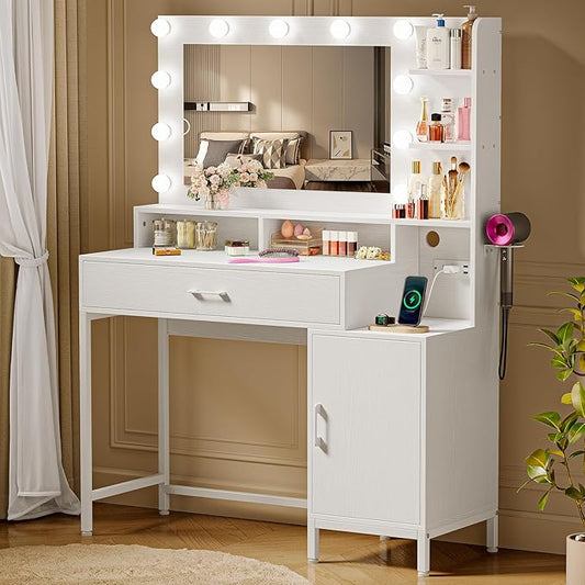 Vanity Desk with Mirror and Lights, Makeup Vanity with Storage Drawer, Power Outlet and Large Cabinet for Bedroom - White