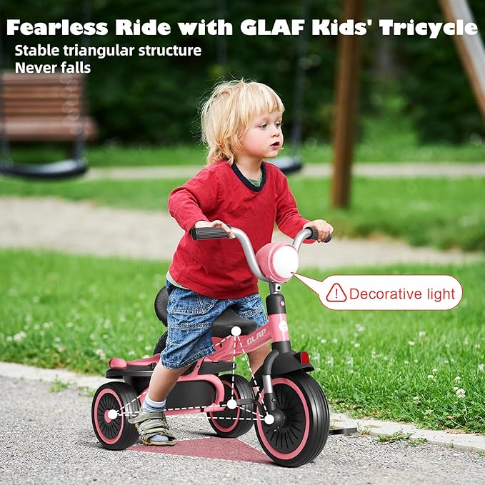 Glaf Toddler Bike for 2-5 Year Olds Tricycle for Toddler 1-3 Kids Tricycle Baby Bike with Adjustable Seat and Storage Basket Kids Trike Toys & Birthday Gifts for 1+ Years Old Boys Girl (Pink)
