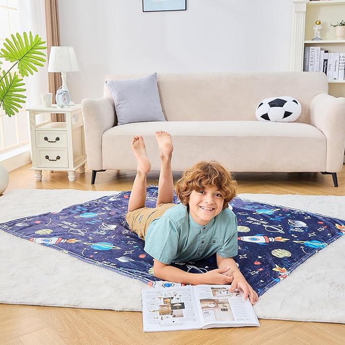Wajade Toddler Fleece Space Blanket for Boys Kids 3D Rocket Planets Soft Throw Blanket Birthday Christmas Halloween Space Decor for Children 50"x60"