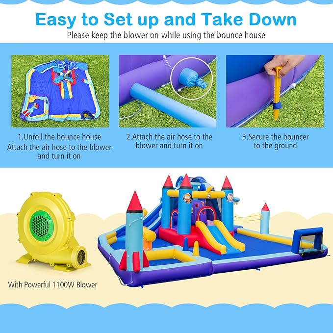 BOUNTECH Inflatable Water Slide, 10-in-1 Water Park Jump Castle for Big Kids 5-12, Water Slides Inflatables w/Huge Splash Pool, Football Gate, Water Bounce House for Kids Outdoor Backyard Party Gifts