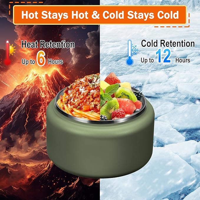 13.5oz Kids Jar for Hot Food, Insulated Vacuum Food Jar with Buckle Lid, Stainless Steel Wide Mouth Leak Proof Insulated Lunch Container for School Picnic Travel, Green