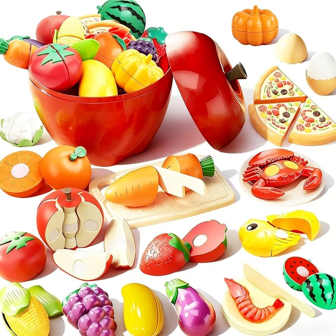 Pretend Play Food Sets for Kids Kitchen, Cutting Toy Food with Apple Basket, Play Kitchen Accessories for Toddlers, Fake Food with Pizza Veggies Fruits, Toys for Boys Girls