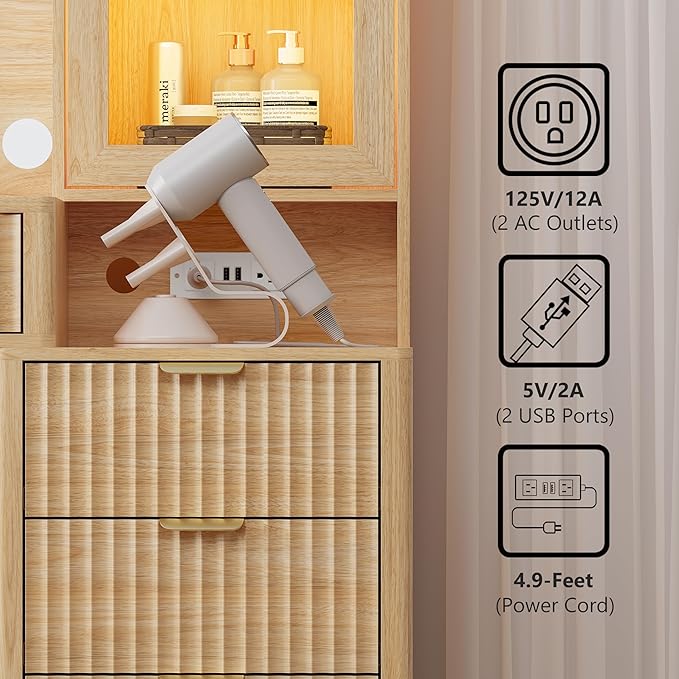 Makeup Vanity Desk with Mirror and Lights, 45" Fluted Wood Vanity Desk with Glass Top, 5 Drawers & RGB Glass Cabinet, Power Outlet, Mid Century Modern Dressing Table Set for Women Girls Bedroom