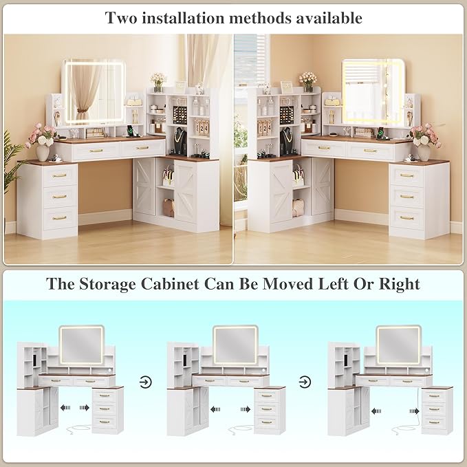 White Vanity Desk with Mirror and Lights 3 Colors, Makeup Vanity Table with Lights & Power Outlets,Makeup Desk with 5 Drawer and Storage Shelves, Jewelry Storage for Bedroom,White Vanity