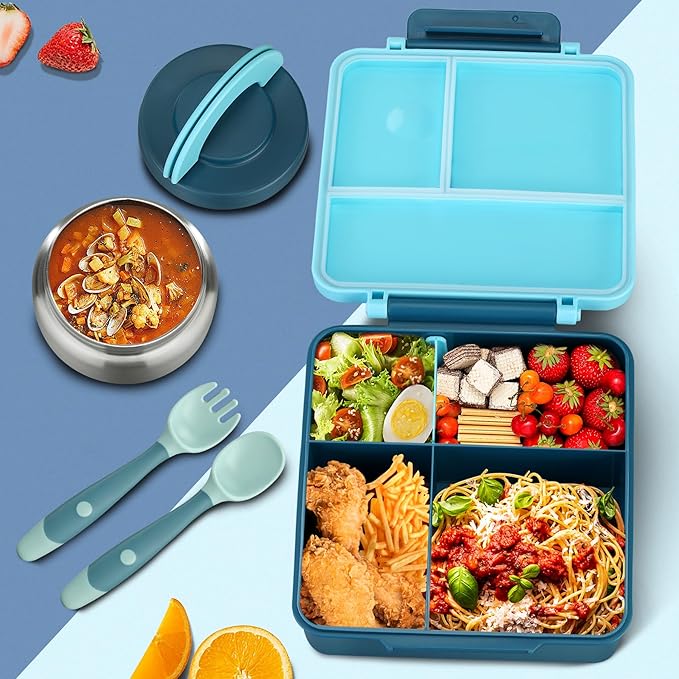 Itslife Bento Lunch Box for Kids with 8oz Soup Thermo&Lunch Bag, Leak-Proof Lunch Food Containers with 4 Compartment, Hot Food Insulated Food Jar for Kids School (Blue)