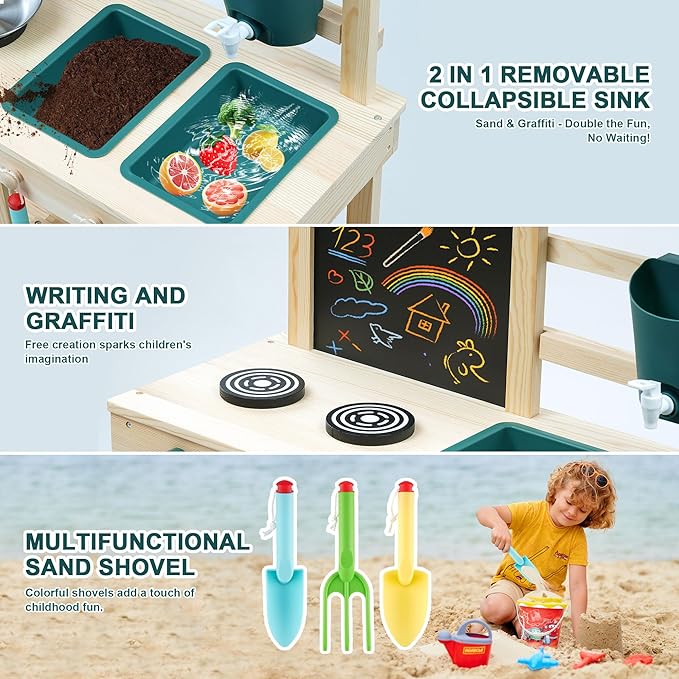 Kids Mud Kitchen Toy, Cedar Wood Outdoor Kitchen with Removable Sink, Planting Area, Simulated Stove, Double-Sided Chalkboard, and Storage Space | Backyard Role-Play Toy | Ages 3+
