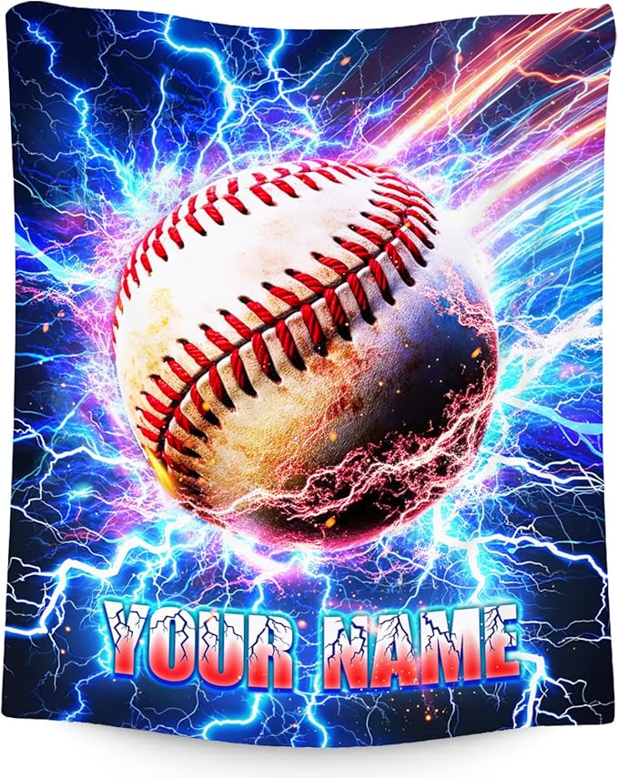 Baseball Blanket Gifts Personalized Kids Blanket for Boys - Custom Name Soft Cozy Throws for Men, Adults & Sport Lovers (4 Sizes Choose)