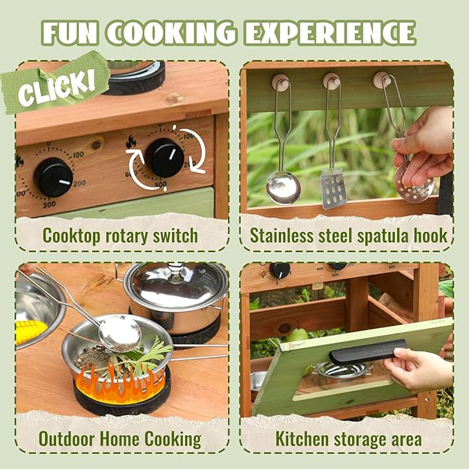Outdoor Kitchen for Kids,Mud Kitchen Wooden Toy Playset with Kettle, Sink, Wooden Plant Container and Kitchen Accessories, for Children Ages 3+ Years (Green)