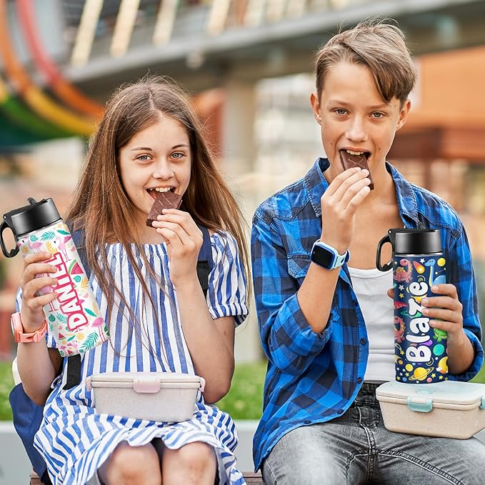 Personalized Water Bottles for Kids for School 18oz Custom Name Insulated Stainless Steel Cup with Straw Lid for Boy Girl Children Customized Sport Tumblers Back to School Birthday Gift BPA FREE