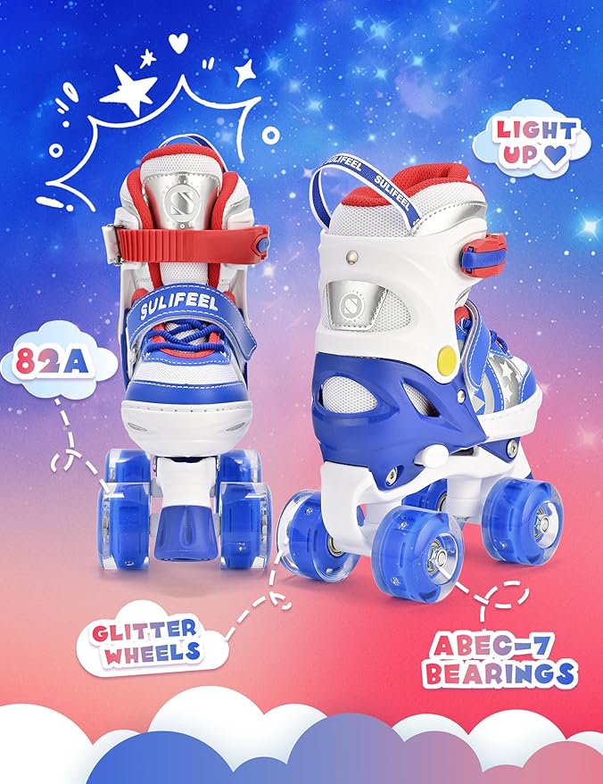 SULIFEEL Rainbow Unicorn 4 Size Adjustable Light up Roller Skates for Girls Boys for Kids