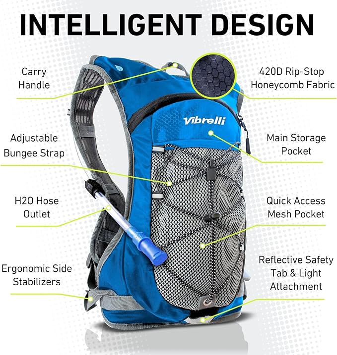 Vibrelli Hydration Backpack & 2L Hydration Bladder - High Flow Bite Valve - Hydration Pack for Cycling, Running, Hiking