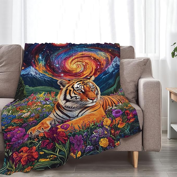 Tiger Blanket Starry Night Floral Animal Throw Blankets Gifts for Girls Boys Kids Tiger Lover Soft Cozy Fleece Plush for Couch Sofa Bed 80"x60"