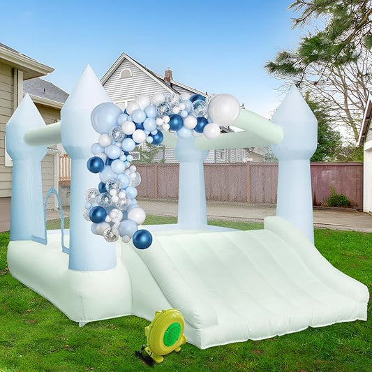 AKSPORT Inflatable Bounce House,White Castle Bounce House for Kids 3-6 Indoor & Outdoor Inflatable Bouncer House with Slide & Air Blower & Balloons for Kids Birthday Party,Wedding Party